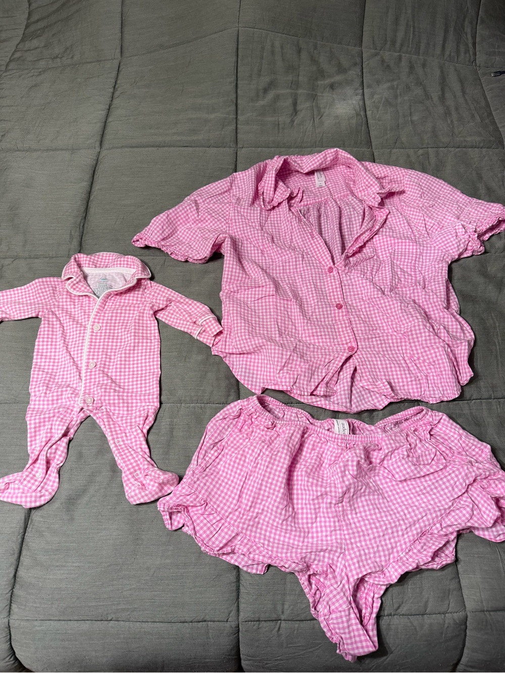 Auden Pink Gingham 3-Piece Pajama Set with Baby Romper & Shorts
